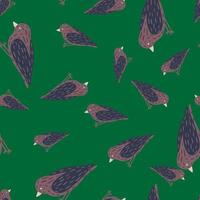 motif harmonieux aléatoire avec imprimé d'oiseaux de couleur violet et bleu marine. fond vert. vecteur