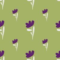 fleurir ditsy modèle sans couture avec des formes de fleurs de couleur violette. fond vert. toile de fond de la nature. vecteur