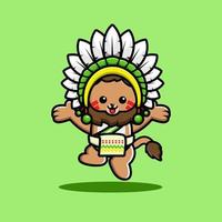 dessin animé mignon lion chef indien vecteur