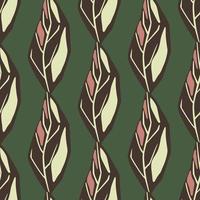 motif botanique abstrait sans couture avec des formes de feuilles de couleur marron et rose. fond vert. vecteur