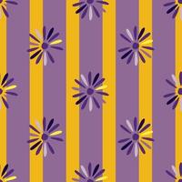 motif floral vintage sans couture avec ornement de fleur de ditsy géométrique de doodle. fond rayé jaune et violet. vecteur