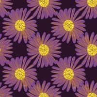 motif décoratif sans couture avec impression de silhouettes de fleurs de marguerite violettes simples. fond sombre. style de griffonnage. vecteur