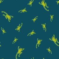 motif harmonieux exotique de zoo aléatoire avec des silhouettes de grenouilles vertes d'amphibiens. fond bleu marine. vecteur