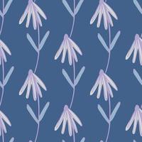 motif de doodle sans couture de silhouettes de fleurs violet clair. fond bleu. oeuvre botanique vintage. vecteur