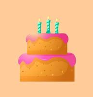 beau gâteau vectoriel avec glaçage rose et bougies bleues brûlantes. félicitations pour votre anniversaire, anniversaire, mariage. style de dessin animé aéré. pour la conception de cartes postales, papiers, emballages, cartes.