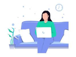 la femme est assise avec un ordinateur portable sur le canapé à la maison. travailler sur un ordinateur. freelance, éducation en ligne ou concept de médias sociaux. vecteur