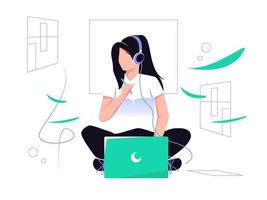 illustration de concept d'entreprise. femme assise et travaillant devant un ordinateur portable. écouter de la musique. style vectoriel tendance.