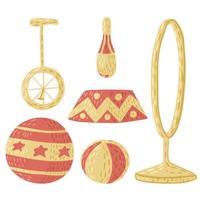 définir des accessoires de cirque isolés sur fond blanc. équipement de carnaval de collection pour les spectacles. vecteur