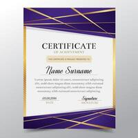 Modèle de certificat avec luxe élégant design doré et violet, remise des diplômes diplôme, récompense, réussite. Illustration vectorielle vecteur