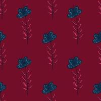 motif de doodle sans soudure botanique avec ornement de fleur dessiné à la main. formes florales bleues sur fond rouge foncé. vecteur