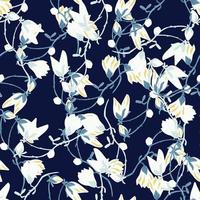 magnolias de modèle sans couture sur fond bleu foncé. belle texture avec des fleurs blanches printanières. vecteur
