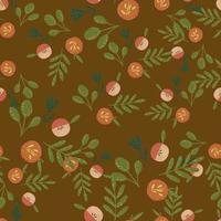 modèle sans couture de récolte d'automne avec des feuilles vertes et un imprimé pomme orange. fond marron. vecteur