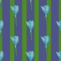 motif de style abstrait harmonieux de nature avec des formes de fleurs de crocus bleu sur fond vert stipé. vecteur