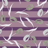 éléments de fleurs de tulipes grises aléatoires motif de doodle sans couture. fond rayé pastel violet. vecteur