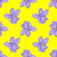 modèle sans couture d'été contrasté avec des éléments de fleur d'orchidée bleue. fond jaune. vecteur
