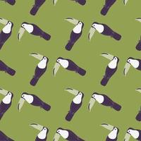 motif abstrait sans couture avec des silhouettes de toucan de zoo de couleur violette. fond vert pastel. impression de griffonnage. vecteur