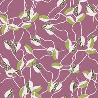 abstrait motif floral créatif sans couture avec des formes de bourgeon de pavot vert et blanc. fond violet clair. vecteur