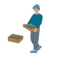 jardinage à la ferme. un jeune homme travaille dans le jardin, un paysan porte une caisse de semis. illustration vectorielle de dessin animé plat. vecteur