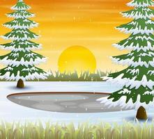 saison d'hiver avec des arbres couverts de neige au lever ou au coucher du soleil vecteur