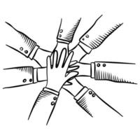mains dessinées à la main d'un groupe diversifié de personnes réunissant. illustration vectorielle doodle. vecteur