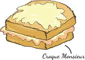 croque monsieur traditionnel un sandwich au jambon et au fromage cuisine française doodle illustration. plat de croque monsieur traditionnel européen de style doodle. vecteur