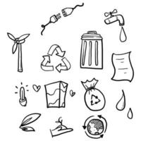 collection d'éléments de symbole respectueux de l'environnement de recyclage dessinés à la main avec un style doodle sur fond blanc vecteur