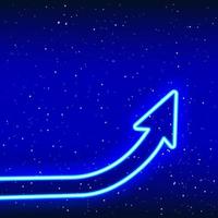 flèche montante vers le haut bleu néon. phase d'idée de réussite. signe de flèche s'élevant du sol. zone d'écriture. signe de flèche 3d au néon. icône néon réaliste. icône linéaire sur fond bleu. vecteur