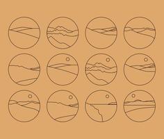 ensemble d'illustrations vectorielles simples dans un style linéaire simple, paysage de logo boho minimaliste avec montagne, colline et soleil. vecteur