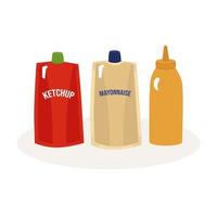 ketchup, mayonnaise à la moutarde, divers types de sauces. illustration vectorielle dans un style plat de dessin animé. pour les étiquettes, le design, les bannières, la publicité vecteur