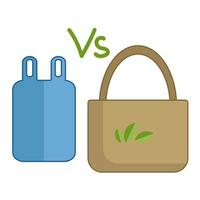 sac en plastique contre un sac en tissu naturel. illustration vectorielle. Zero gaspillage. vecteur