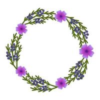 couronne florale. illustration vectorielle. fleurs et baies violettes, feuilles vertes. vecteur