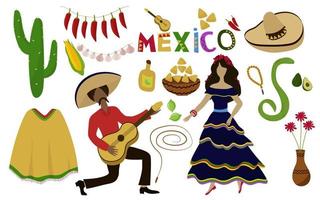 un ensemble d'illustrations dans le style mexicain. le gars joue de la guitare et la fille danse. Icônes. sombrero, cactus, tortilla, piment, ail, poncho, poterie, chapelet, citron vert. illustration vectorielle. vecteur