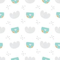 modèle sans couture pour garçon de douche de bébé. couches, culottes et nuages, joli fond de bébé simple. illustration vectorielle pour vêtements, impression sur papier, sur tissu, cartes postales, design. vecteur