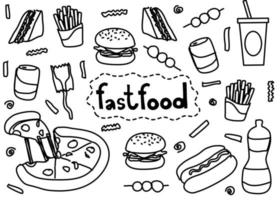 un ensemble de style de dessin de doodle d'icône de restauration rapide qui flotte autour du mot fastfood au centre. ils sont isolés sur fond blanc. vecteur