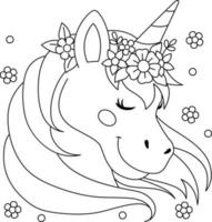 coloriage licorne portant une couronne de fleurs vecteur