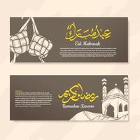 bannière de ramadan kareem et eid mubarak avec illustration dessinée à la main de la mosquée et du ketupat vecteur
