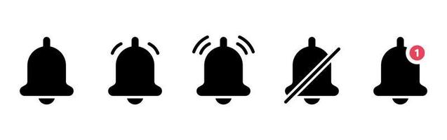 ensemble de cloches de notification noires et d'icônes de silhouette de concept de mode silencieux. cloche avec bouton rouge. sonneries d'icônes de sonnettes pour l'application de téléphonie mobile. remarquez le symbole sur le smartphone. illustration vectorielle isolée. vecteur