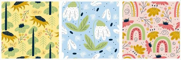 ensemble scandinave de motifs printaniers avec perce-neige, coccinelles et arc-en-ciel. modèle sans couture avec insectes et arbre. conception d'illustration vectorielle. conception d'impression de pépinière scandinave florale d'été. vecteur