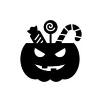 jolie citrouille d'halloween avec icône de silhouette de bonbons. traiter ou tromper le pictogramme de glyphe de seau de citrouille d'halloween. panier pour sweet sur l'icône d'halloween. illustration vectorielle isolée. vecteur