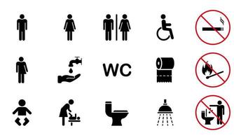 ensemble d'icônes de wc. aucun signe de fumer. toilettes, icône de la salle de bain. pictogramme de silhouette de salle de toilette. chambre mère et bébé. toilettes publiques pour hommes, femmes, transgenres, handicapés. illustration vectorielle. vecteur