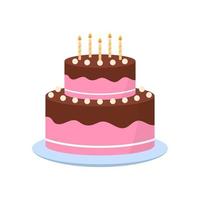 gâteau mignon rose avec crème au chocolat glacée sur assiette pour anniversaire, anniversaire, mariage. boulangerie savoureuse douce et colorée. délicieux gâteau aux bougies pour la fête d'anniversaire. illustration vectorielle isolée. vecteur