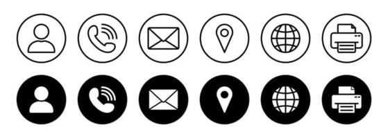 ensemble d'icônes de contact en ligne. icônes de ligne et de silhouette web. site Web boutons noirs symbole d'appel, message. téléphone combiné, e-mail, homme, broche, globe, pictogramme de contour de fax. illustration vectorielle isolée.