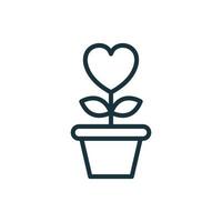 fleur en forme de coeur en pot avec icône de ligne de feuille. pictogramme linéaire de symbole de charité, d'amour et de romance. plante fleurie pousse dans l'icône de contour de pot de fleurs. illustration vectorielle isolée vecteur