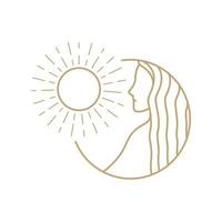 femme de luxe aux cheveux longs et au soleil création de logo hipster, illustration d'icône de symbole graphique vectoriel idée créative