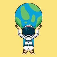 astronaute soulevant la planète terre, illustration d'icône de dessin animé mignon vecteur