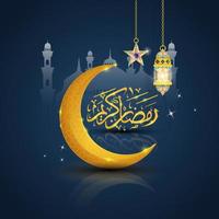 conception de fond ramadan kareem. belle calligraphie, croissant de lune et mosquée vecteur