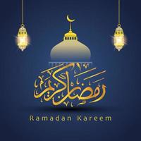 conception de fond ramadan kareem. belle calligraphie dorée, lanterne et dôme de mosquée vecteur