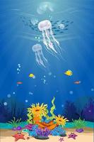 belles méduses dans l'océan. il y a des coraux, des poissons, des anémones et des algues. illustration vectorielle