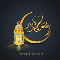 Kareem Ramadan. conception islamique avec calligraphies dessinées à la main, croissant de lune et lanterne vecteur