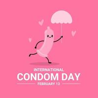 personnage mignon de préservatif tenant un parapluie, comme bannière ou affiche, journée mondiale de la contraception et journée internationale du préservatif. illustration vectorielle. vecteur